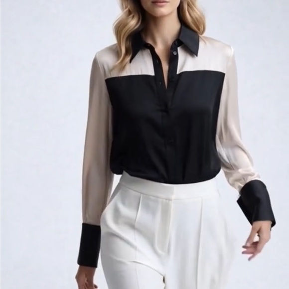 Reiss. Silk Elegant Black and Cream Women's Top - Picture 4 of 7